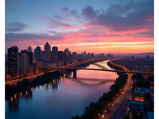 Panoramic view of the Portland skyline at sunset, with the colorful Willamette River and prominent bridges. Reflects growth and connection.