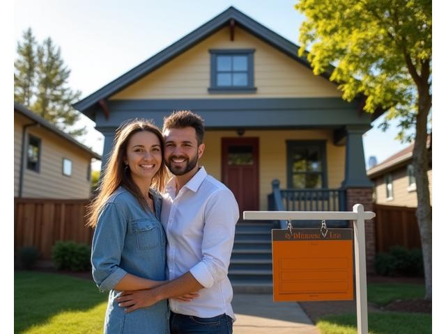 Happy first-time homebuyers with Jessica Lee in front of their new Portland home