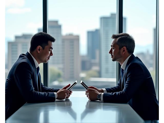 David Chen reviewing documents with an investor, overlooking Portland cityscape