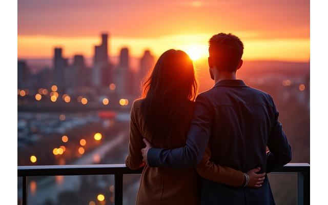 Couple happily looking at the Portland skyline from their new home's balcony, symbolizing successful home purchase and a new beginning.