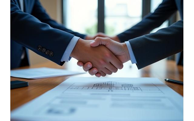 Two hands shaking across a table with a house blueprint and negotiation documents, symbolizing a successful deal.