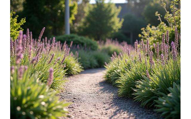 Drought-tolerant landscaping in a modern garden