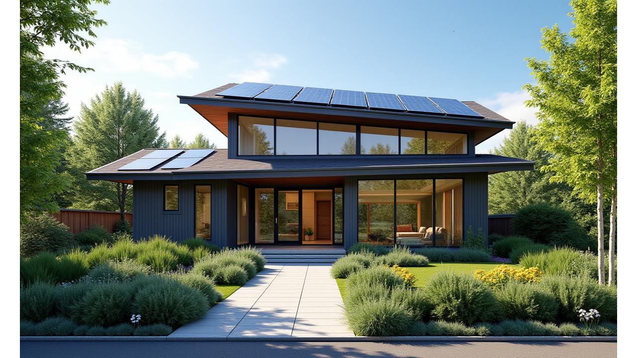 Modern eco-friendly home with solar panels and lush green garden in Portland