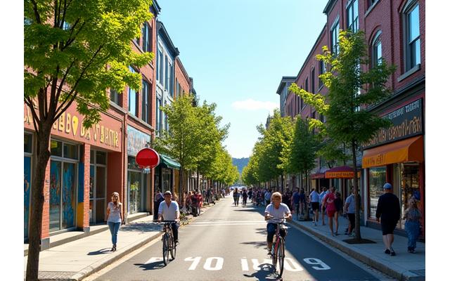 Alberta Arts District street with murals and cyclists