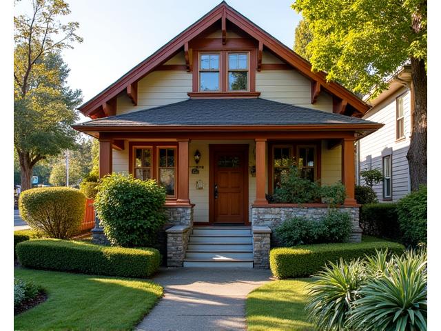 Charming Craftsman home exterior in a tree-lined Portland neighborhood, featuring a welcoming porch and vibrant garden.
