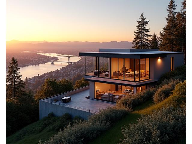 Sleek modern home exterior on a hillside overlooking downtown Portland and the Willamette River, with large windows and contemporary landscaping.