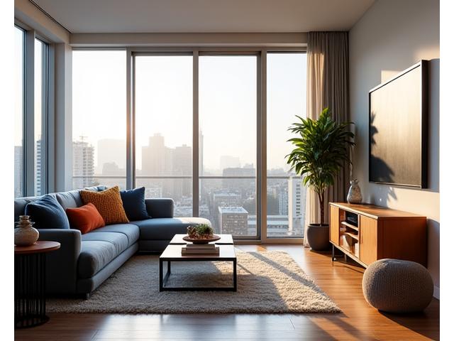 Contemporary Pearl District apartment living room with city views, natural light, and modern furnishings.