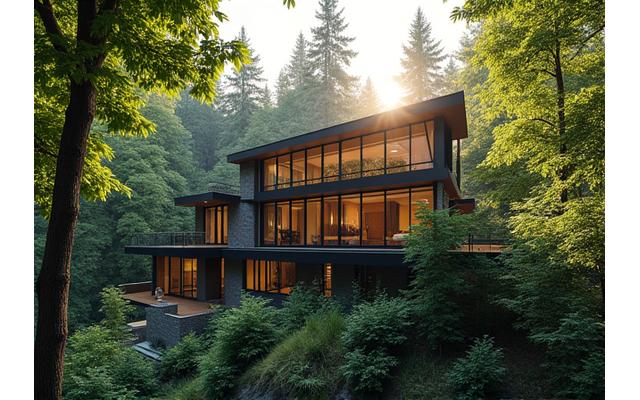 A scenic view of a modern luxury home nestled beside the dense, green forest of Forest Park in Portland, bathed in natural light.
