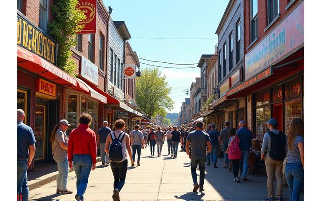 Eclectic shops and vibrant street art along Portland's Hawthorne Boulevard, with pedestrians enjoying the unique atmosphere.