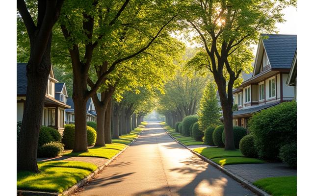 A serene, tree-lined residential street in Laurelhurst with classic craftsman homes and well-maintained gardens.