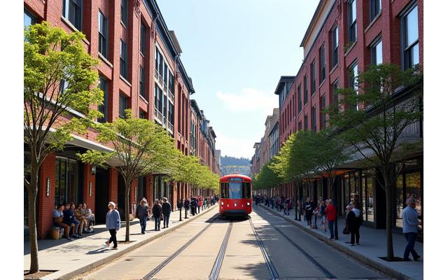 A busy, stylish street scene in Portland's Pearl District with historic brick buildings, boutiques, and cafes.