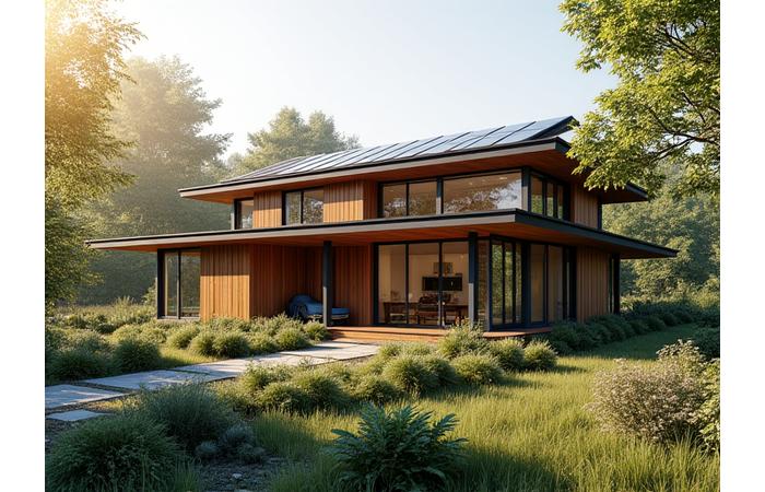 Modern, eco-friendly home with solar panels on the roof and lush, native landscaping, bathed in warm sunlight.