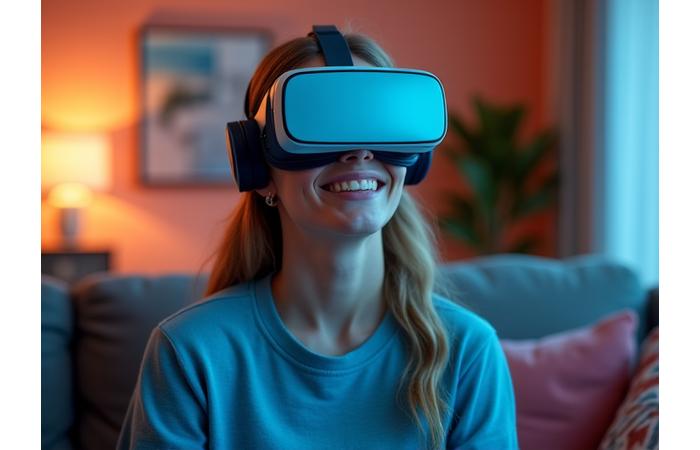 A person wearing a virtual reality headset, exploring a modern home interior in an immersive 3D virtual tour experience.