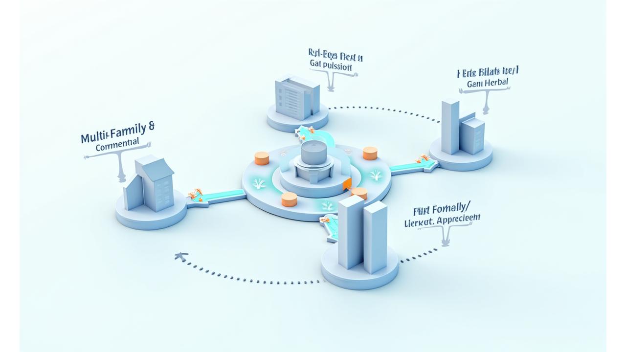 Infographic illustrating various real estate investment strategies like buy-and-hold, fix-and-flip, and commercial, with arrows connecting goals to approaches.