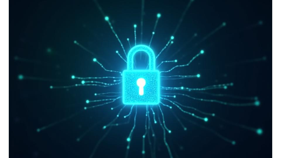 Glowing digital lock surrounded by flowing data streams, representing secure encryption