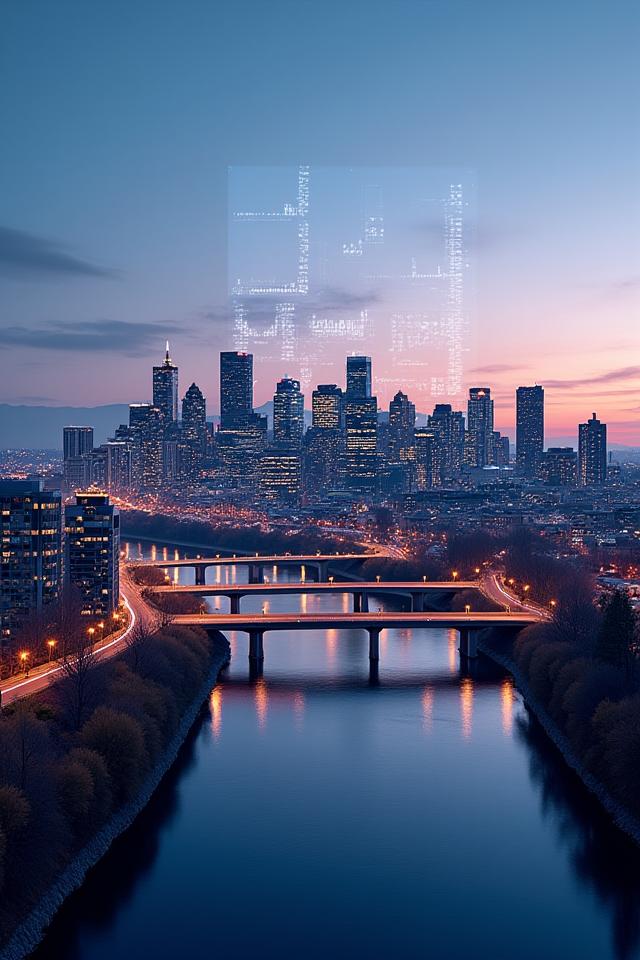 Modern Portland skyline at dusk reflecting a data dashboard overlay, representing real estate market trends and economic indicators.