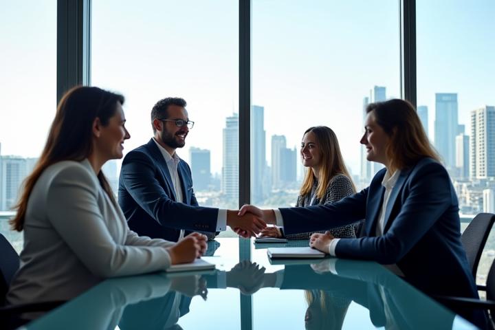 Business people shaking hands in a modern office, representing corporate partnership.