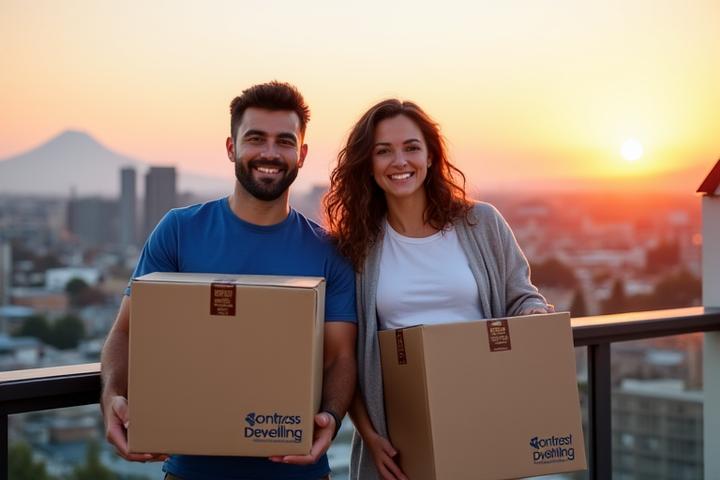 Couple happily looking at a Portland skyline with moving boxes, symbolizing a stress-free relocation.