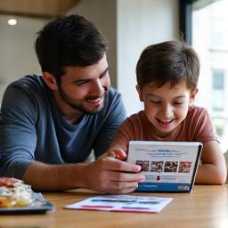 Parents and child looking at a school prospectus.
