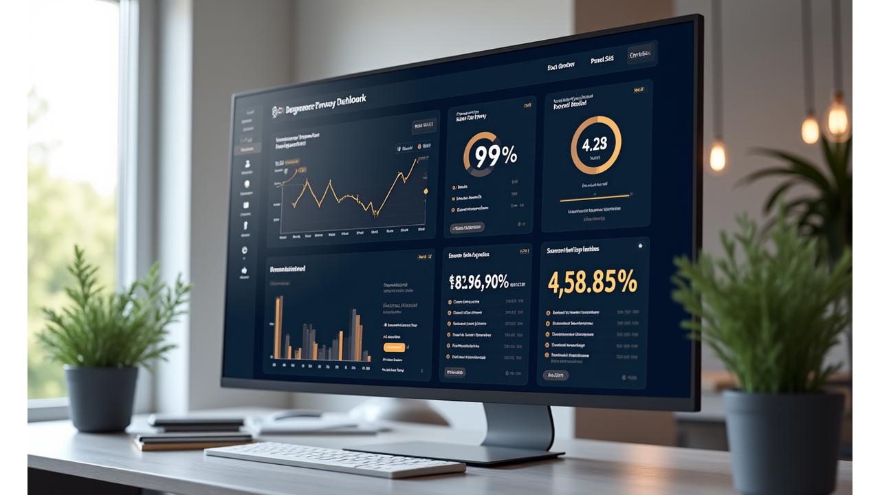 Digital dashboard displaying rental property analytics, income, expenses, and tenant details.