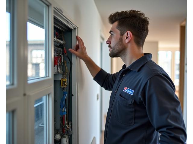 Maintenance technician checking an HVAC unit in a modern apartment