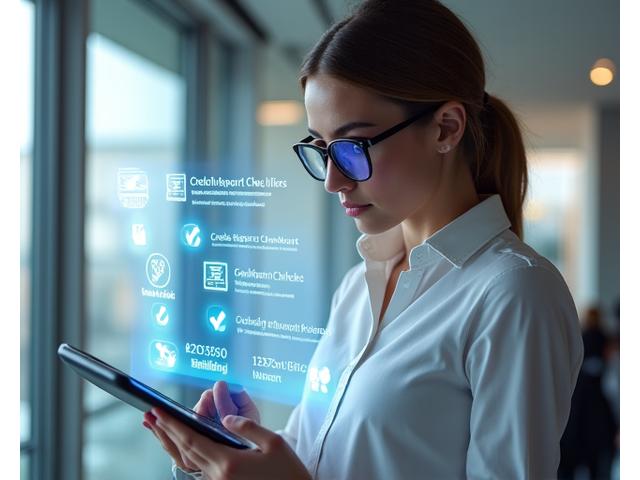 Illustration of a person reviewing digital tenant application forms and background checks on a tablet.