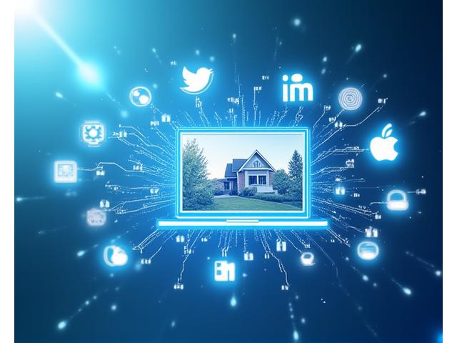 Abstract digital marketing interface showing social media icons and analytics