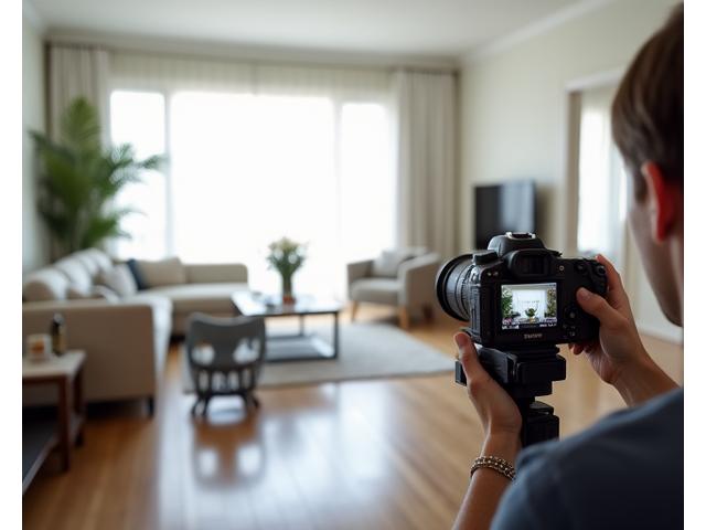 High-resolution image of a beautifully lit living room through a professional camera lens