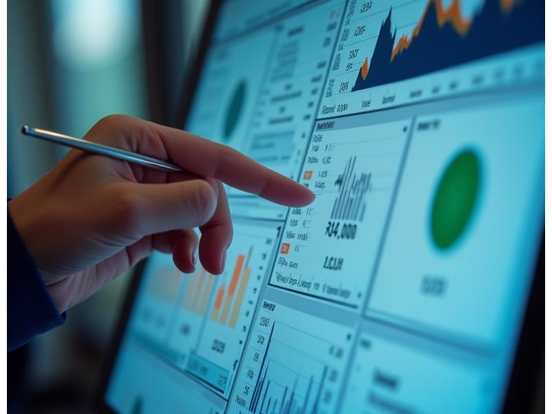 Charts and graphs depicting intricate market analysis with a hand pointing to key data points