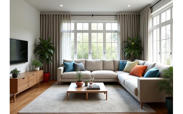 Modernly staged, bright, and inviting living room with contemporary furniture and decor