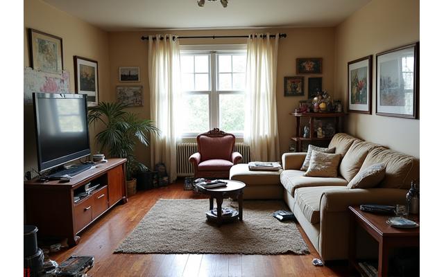 Cluttered, un-staged living room with personal items and dated furniture