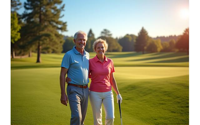 A group of active seniors enjoying a game of golf in a sunny 55+ community