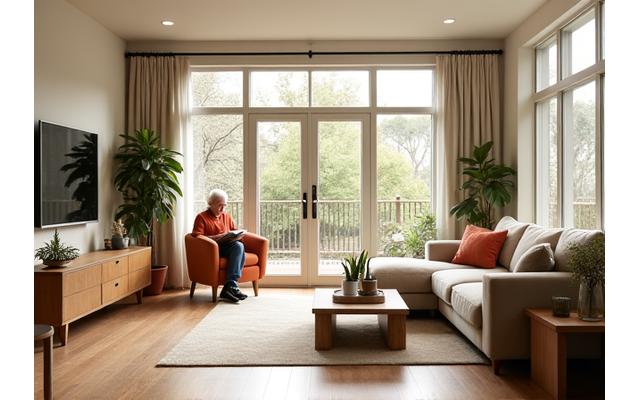 Modern, spacious independent living condominium interior with bright natural light