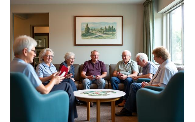 Modern, welcoming common area in a Continuing Care Retirement Community with diverse seniors engaging