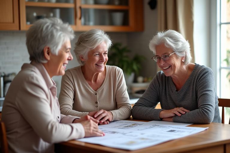 A caring real estate agent reviewing downsizing plans with a senior couple in a home setting, looking at floor plans