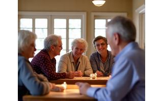 Group of diverse seniors laughing and socializing in a vibrant community club house