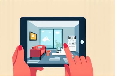 Illustration of a virtual tour interface with clickable icons, known as interactive hotspots, providing property details.