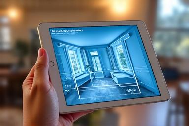 A digital overlay showing measurement tools calculating dimensions within a virtual room on a tablet screen.