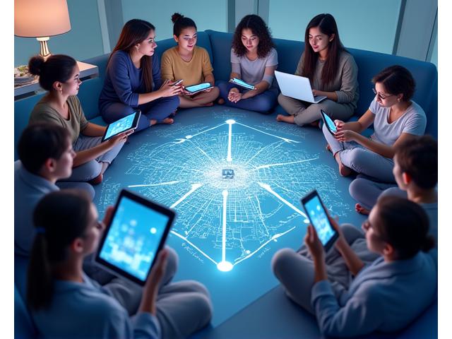A diverse group of international buyers interacting with a virtual tour on various devices, superimposed over a subtle map of Portland.
