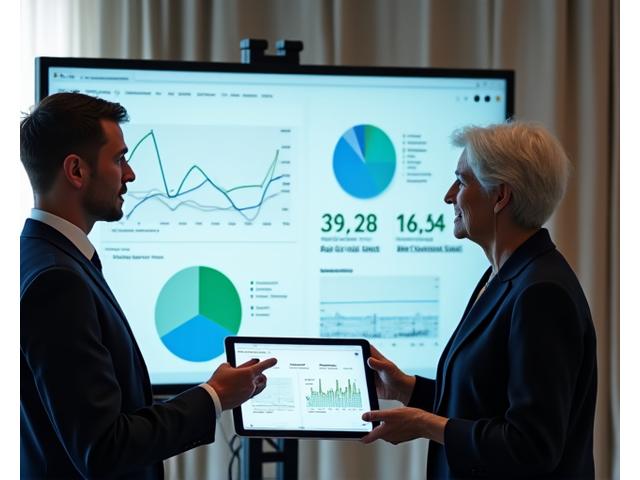 A property agent proudly displaying a tablet with a virtual tour to a potential seller, showing increased engagement metrics.