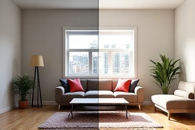Split image showing an empty room on one side and the same room virtually staged with modern furniture on the other.
