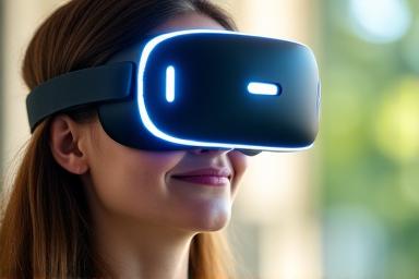 A person wearing a sleek VR headset, immersed in a realistic 3D virtual tour of a modern living room.